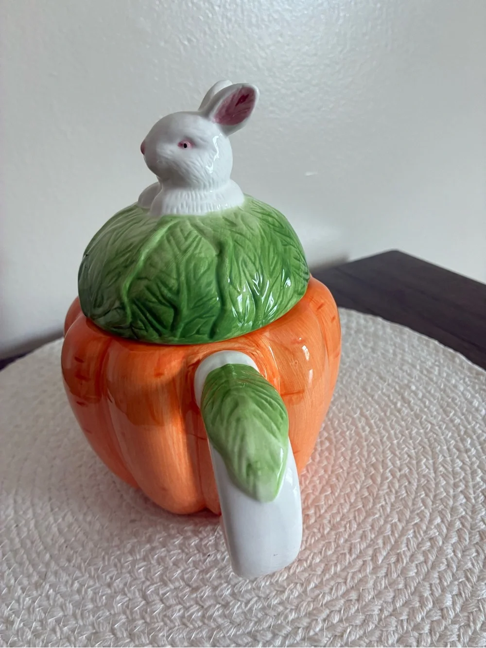 Ceramic Orange Pumpkin Teapot with Green Leaf Lid and White Bunny